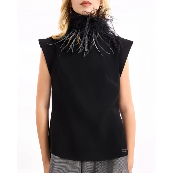 Gemy Maalouf High-Neck Feather Top with Metallic Skirt, view 5