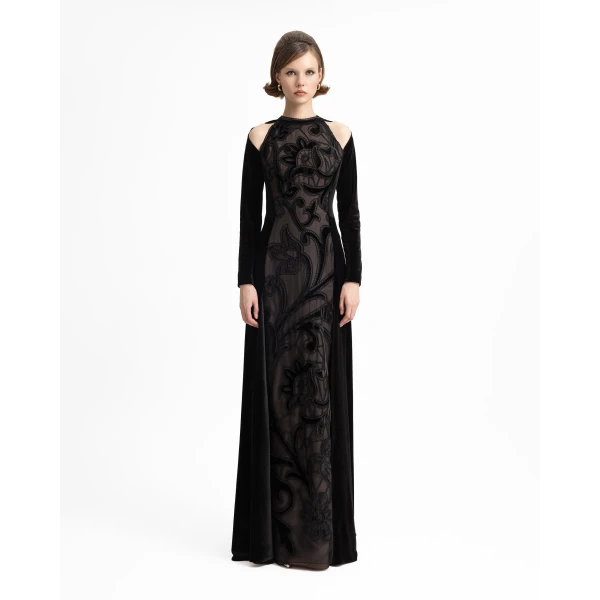 Gemy Maalouf High-Neck Velvet Embroidered Dress, view 2