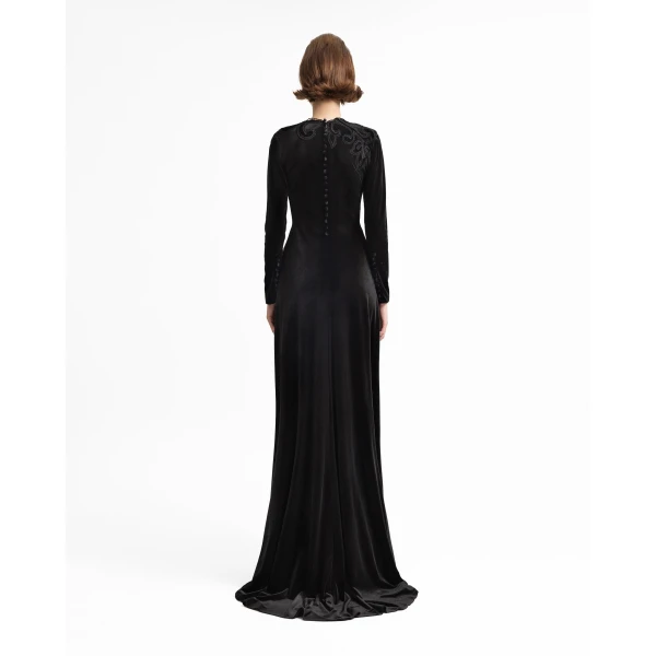 Gemy Maalouf High-Neck Velvet Embroidered Dress, view 3