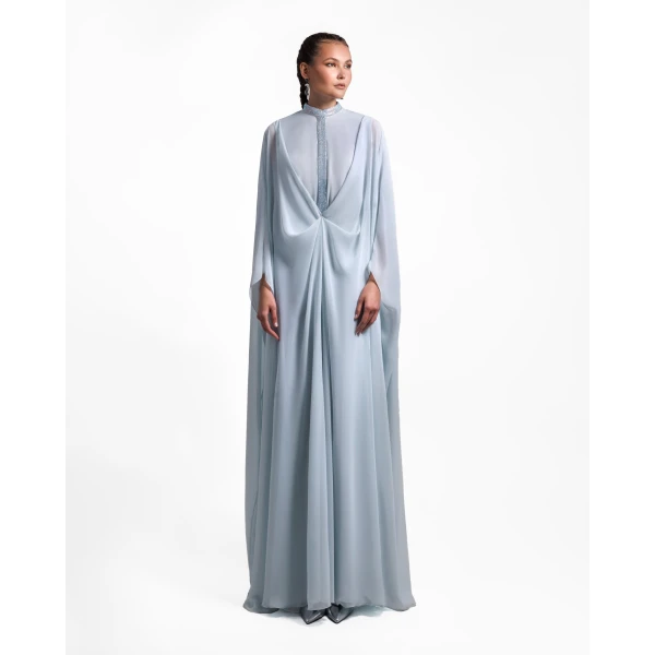 Gemy Maalouf Ice Blue Loose Long Chiffon Kaftan, view 2
