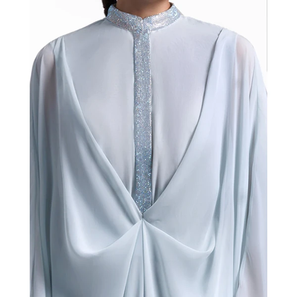 Gemy Maalouf Ice Blue Loose Long Chiffon Kaftan, view 4