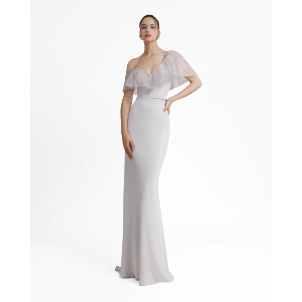 Gemy Maalouf Light Lilac Asymmetrical Neckline Slim-Cut Dress, view 2