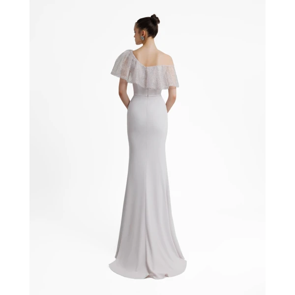 Gemy Maalouf Light Lilac Asymmetrical Neckline Slim-Cut Dress, view 3