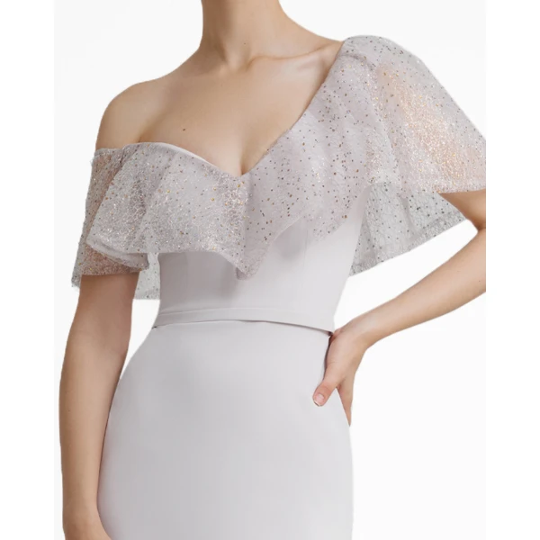 Gemy Maalouf Light Lilac Asymmetrical Neckline Slim-Cut Dress, view 4
