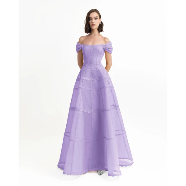 Gemy Maalouf Lilac Mesh Long Dress, view 2