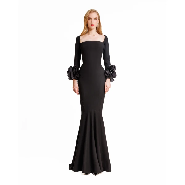 Gemy Maalouf Long Fitted Dress With Floral Cuffs, view 2