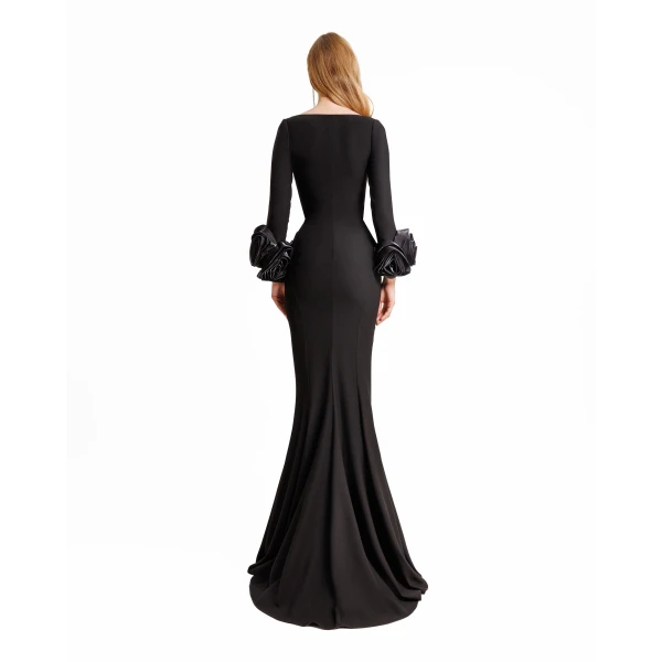 Gemy Maalouf Long Fitted Dress With Floral Cuffs, view 3