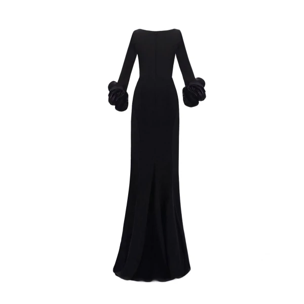 Gemy Maalouf Long Fitted Dress With Floral Cuffs, view 5