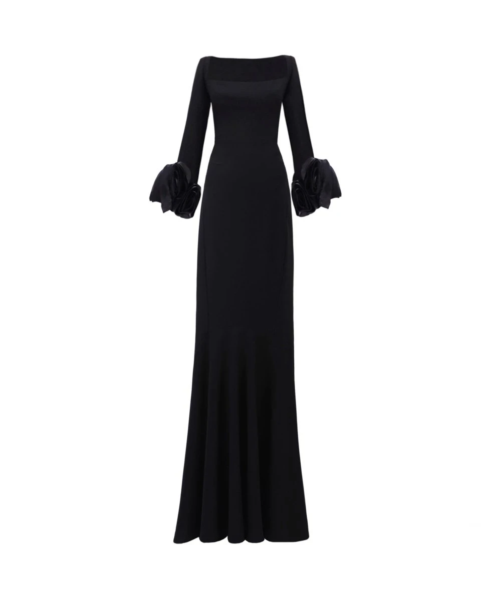 Gemy Maalouf Long Fitted Dress With Floral Cuffs Gemy Maalouf Long Fitted Dress With Floral Cuffs