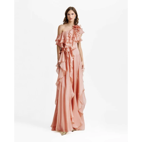 Gemy Maalouf Long Shiny Garza Salmon Dress, view 2