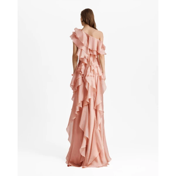 Gemy Maalouf Long Shiny Garza Salmon Dress, view 3