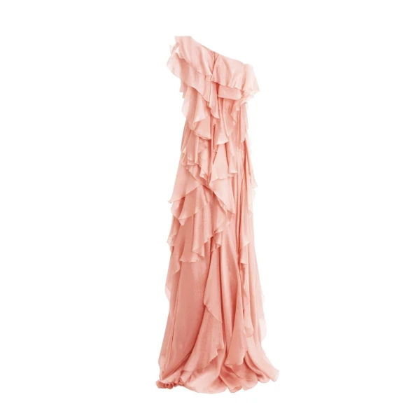 Gemy Maalouf Long Shiny Garza Salmon Dress, view 5