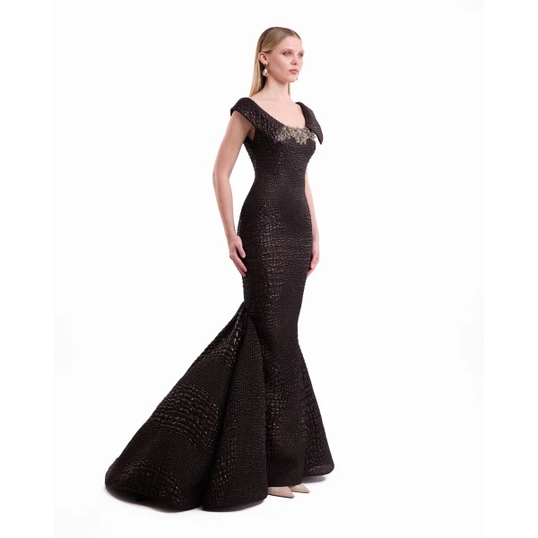Gemy Maalouf Mermaid Textured Embellished Dress, view 3