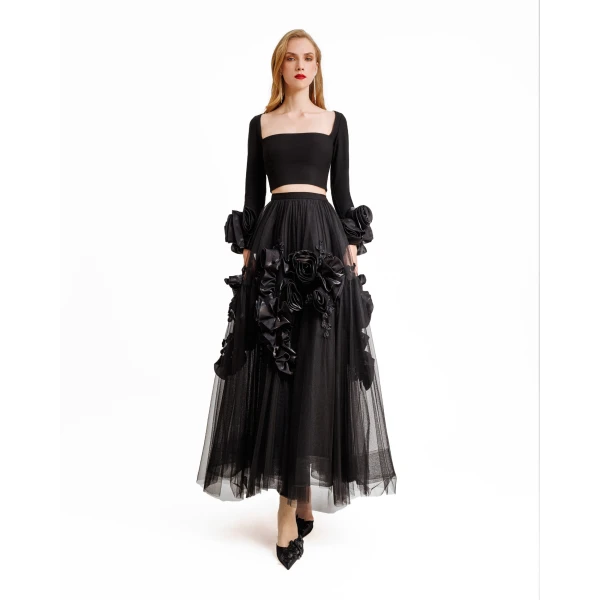 Gemy Maalouf Midi Tulle Dress With Floral Cuffs, view 2