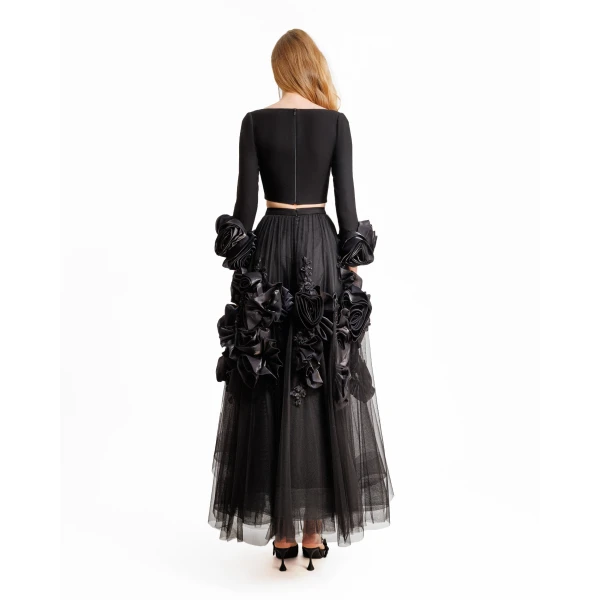 Gemy Maalouf Midi Tulle Dress With Floral Cuffs, view 3
