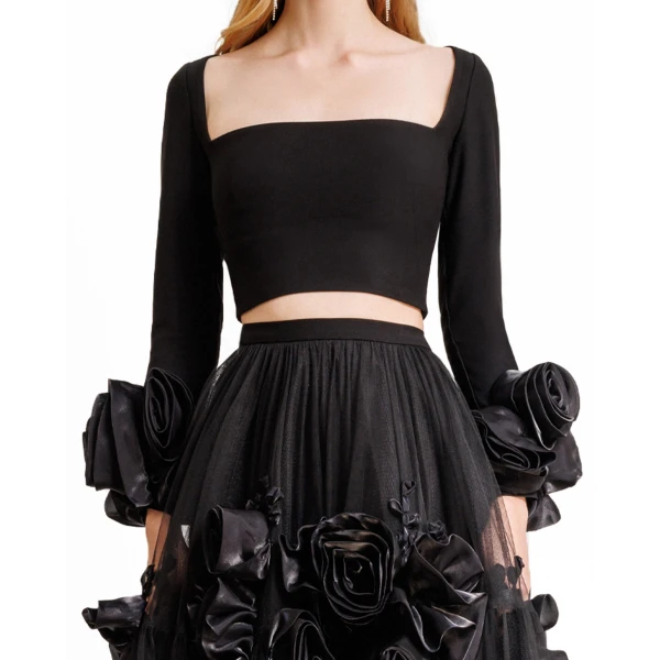 Gemy Maalouf Midi Tulle Dress With Floral Cuffs, view 4