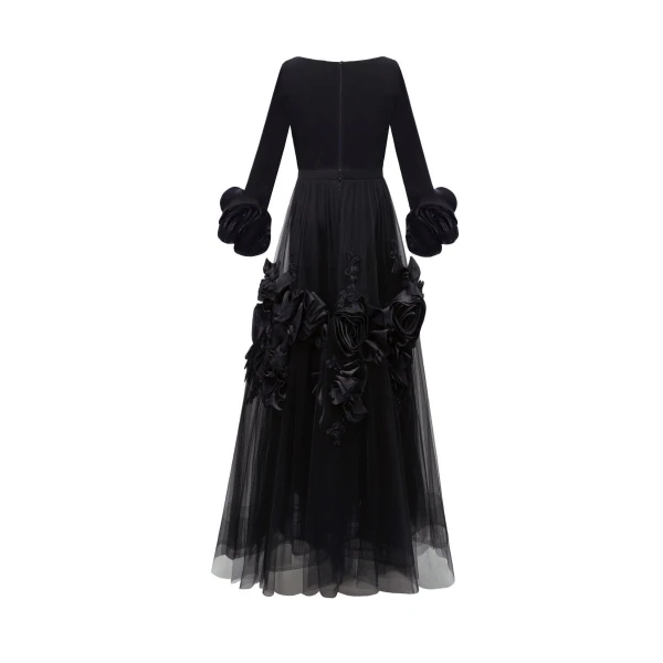 Gemy Maalouf Midi Tulle Dress With Floral Cuffs, view 5