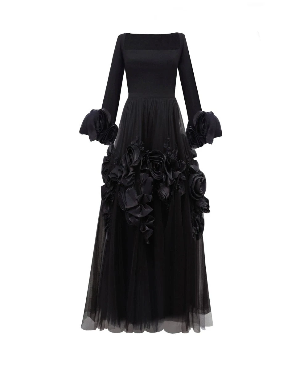 Gemy Maalouf Midi Tulle Dress With Floral Cuffs Gemy Maalouf Midi Tulle Dress With Floral Cuffs