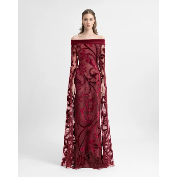 Gemy Maalouf Off-Shoulder Slim Velvet Dress with Long Sleeves, view 2