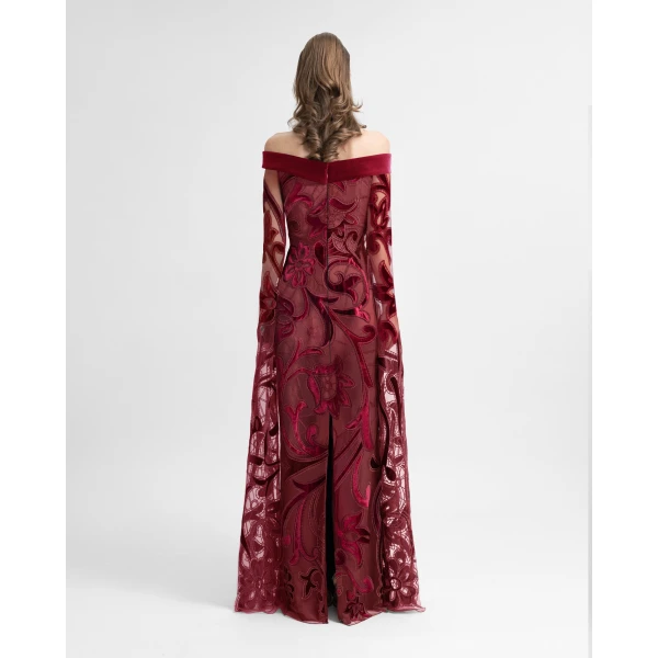 Gemy Maalouf Off-Shoulder Slim Velvet Dress with Long Sleeves, view 3