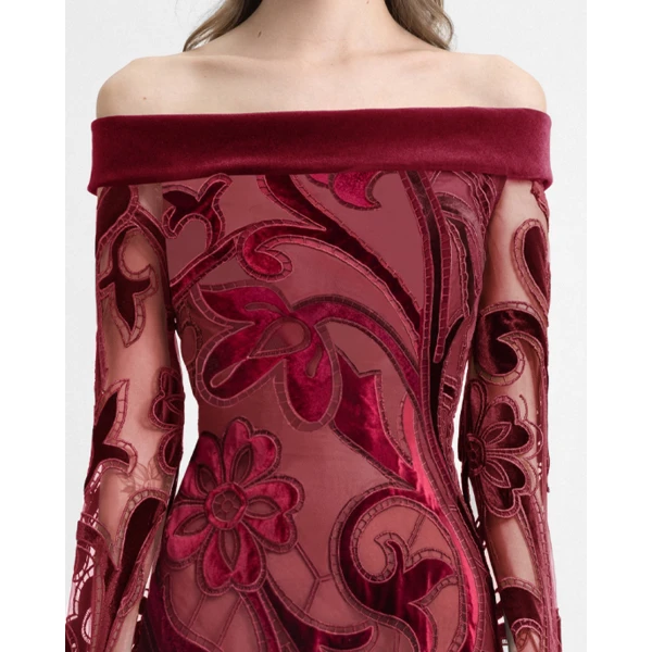 Gemy Maalouf Off-Shoulder Slim Velvet Dress with Long Sleeves, view 4