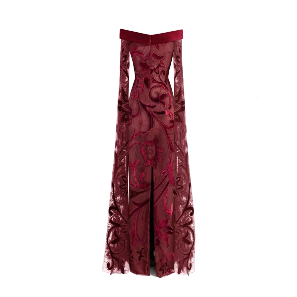 Gemy Maalouf Off-Shoulder Slim Velvet Dress with Long Sleeves, view 5