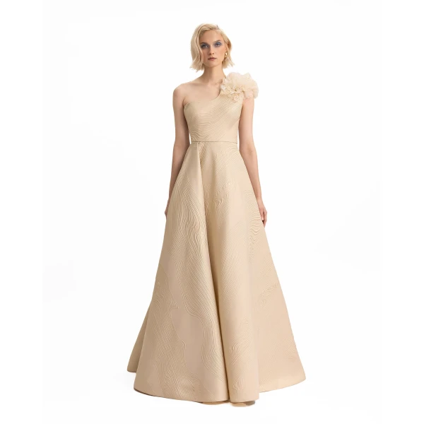Gemy Maalouf One-Shoulder Dress with 3D Flowers, view 2