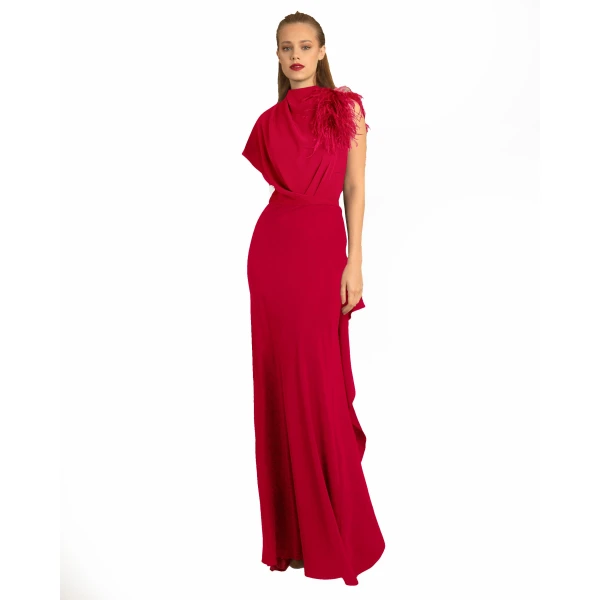 Gemy Maalouf Red Asymmetrical Feathered Crepe Dress, view 2