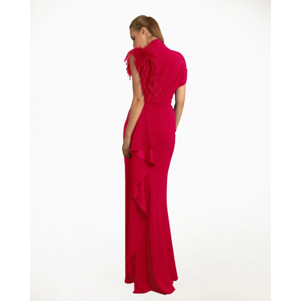 Gemy Maalouf Red Asymmetrical Feathered Crepe Dress, view 3