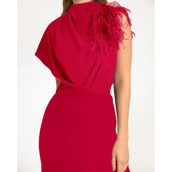 Gemy Maalouf Red Asymmetrical Feathered Crepe Dress, view 4