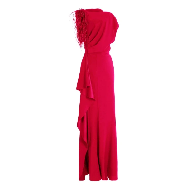 Gemy Maalouf Red Asymmetrical Feathered Crepe Dress, view 5