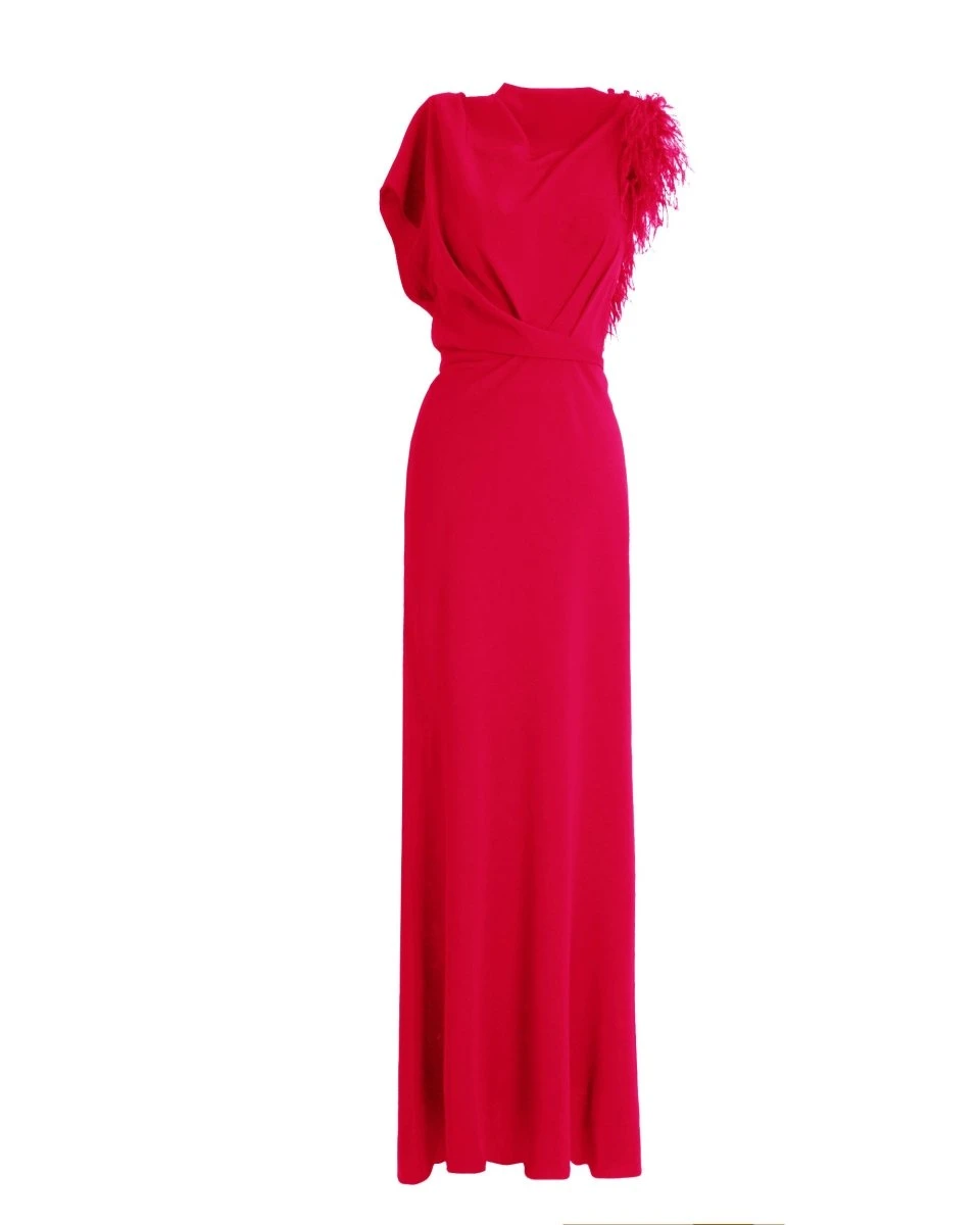 Gemy Maalouf Red Asymmetrical Feathered Crepe Dress Gemy Maalouf Red Asymmetrical Feathered Crepe Dress