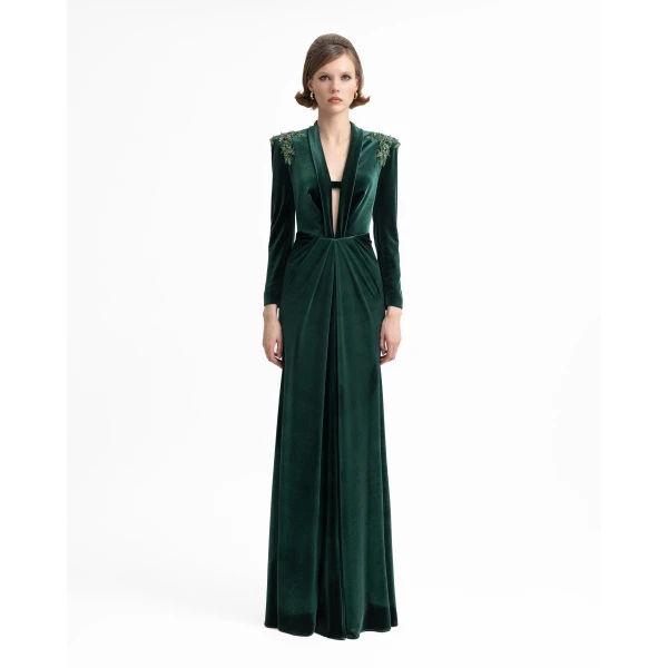 Gemy Maalouf Slim Velvet Dress with Beaded Shoulders, view 2
