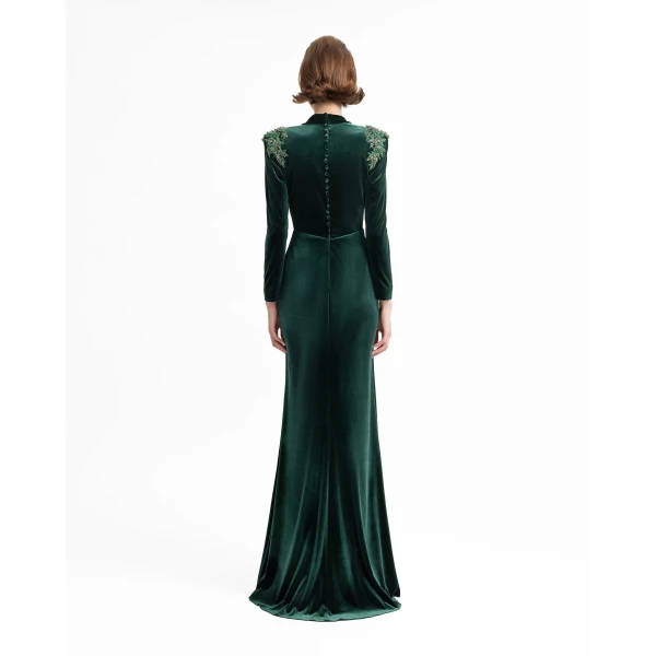 Gemy Maalouf Slim Velvet Dress with Beaded Shoulders, view 3