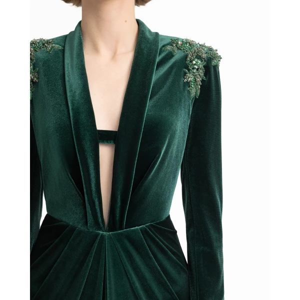 Gemy Maalouf Slim Velvet Dress with Beaded Shoulders, view 4