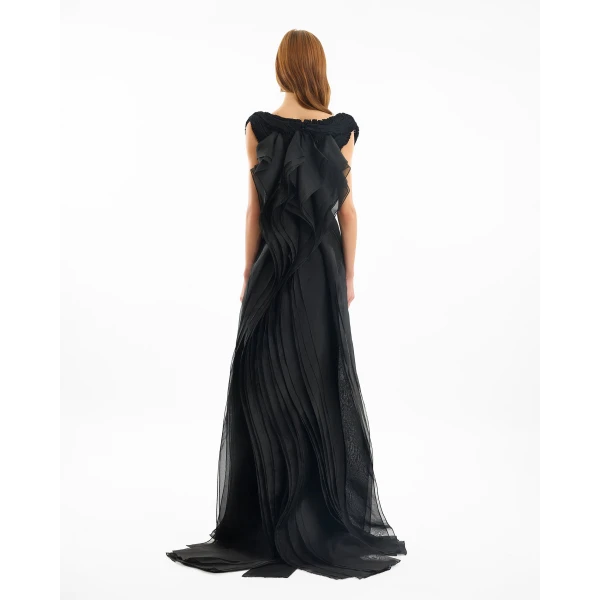 Gemy Maalouf Square-Neck Dress with Embroidered Shoulders, view 3