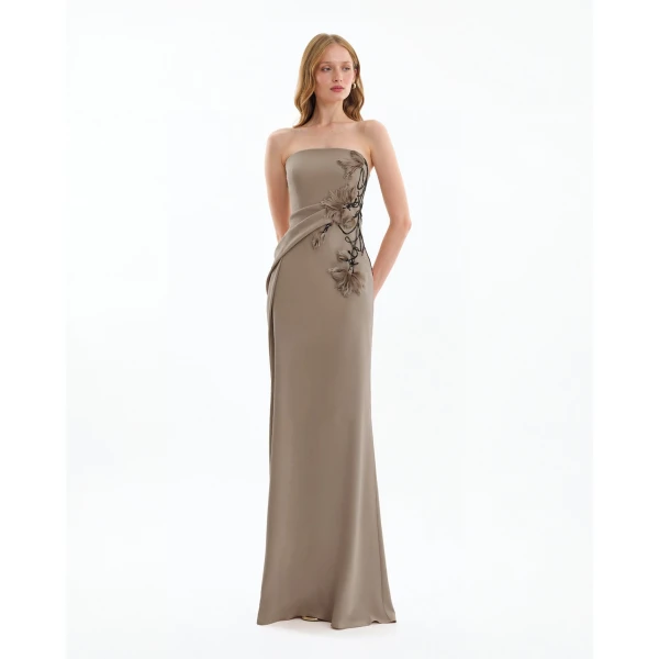 Gemy Maalouf Strapless Draped Dress with Beaded Floral Detail, view 2