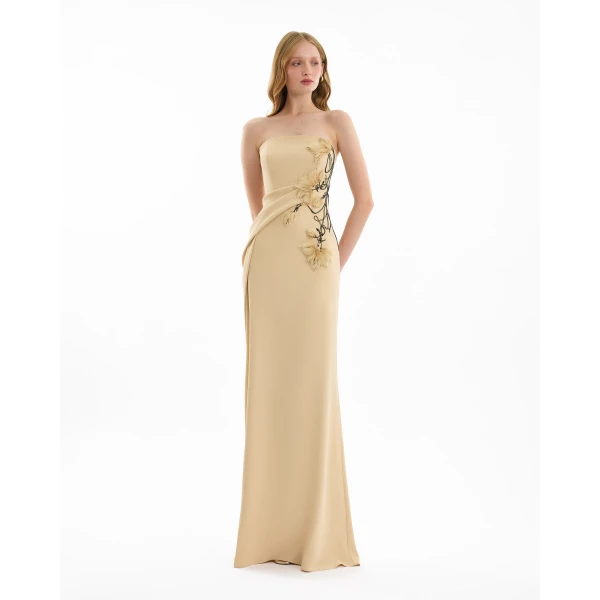 Gemy Maalouf Strapless Draped Dress with Beaded Floral Detail, view 2
