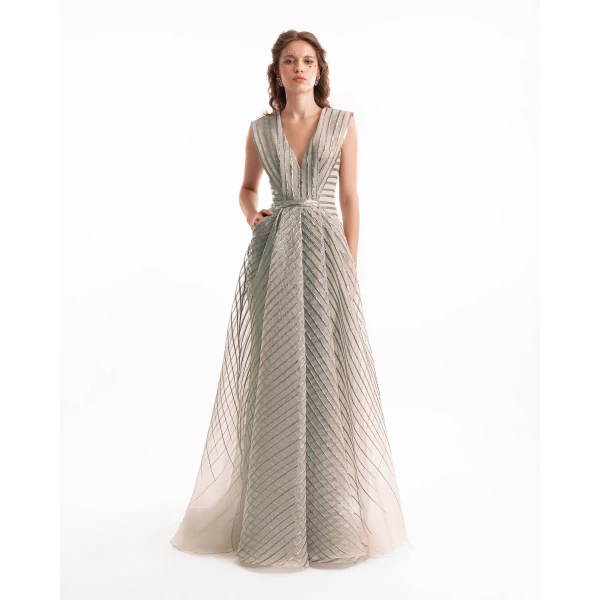 Gemy Maalouf V-Neck Devoré Striped Organza Dress, view 2