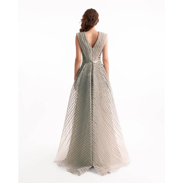Gemy Maalouf V-Neck Devoré Striped Organza Dress, view 3