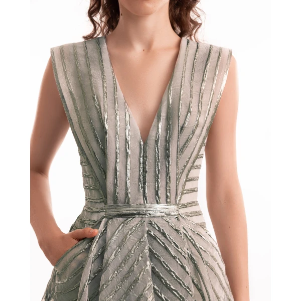 Gemy Maalouf V-Neck Devoré Striped Organza Dress, view 4