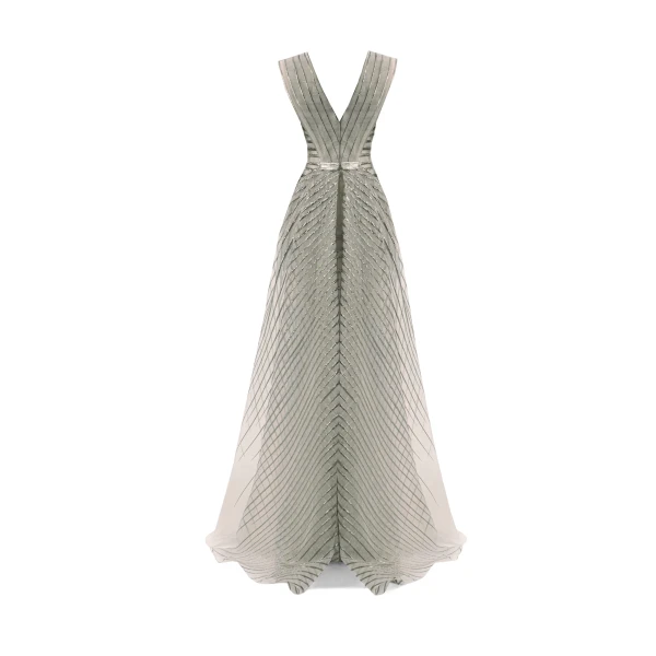 Gemy Maalouf V-Neck Devoré Striped Organza Dress, view 5