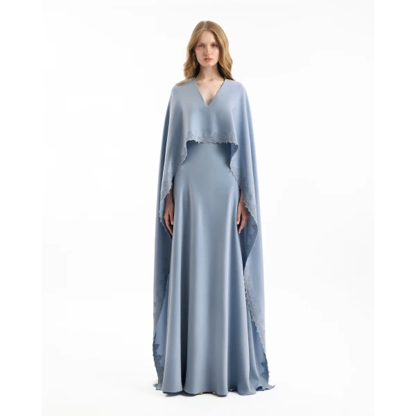 Gemy Maalouf V-Neck Dress with Embroidered Cape, view 2