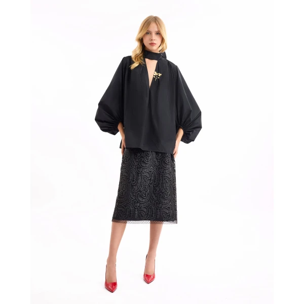Gemy Maalouf V-Neck Puff Top with Leather Skirt, view 2