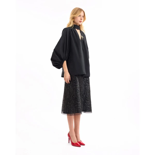 Gemy Maalouf V-Neck Puff Top with Leather Skirt, view 3