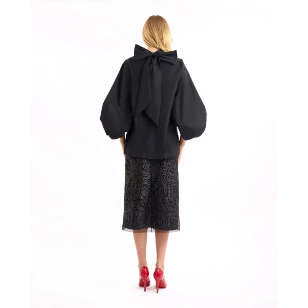 Gemy Maalouf V-Neck Puff Top with Leather Skirt, view 4