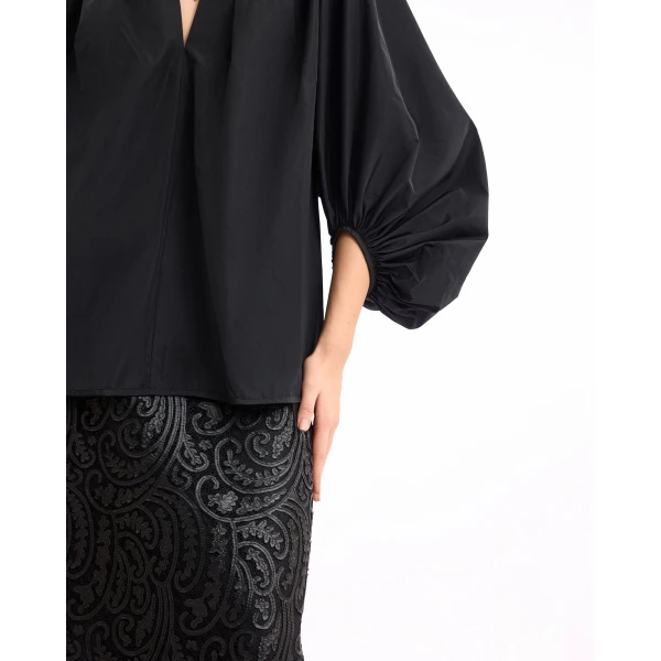 Gemy Maalouf V-Neck Puff Top with Leather Skirt, view 5