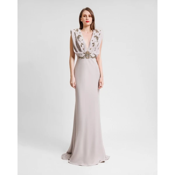 Gemy Maalouf V-Neckline Crepe Long Dress, view 2