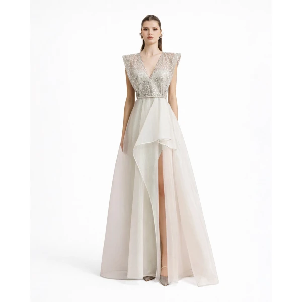 Gemy Maalouf Wide Shoulders V-neckline Dress, view 2