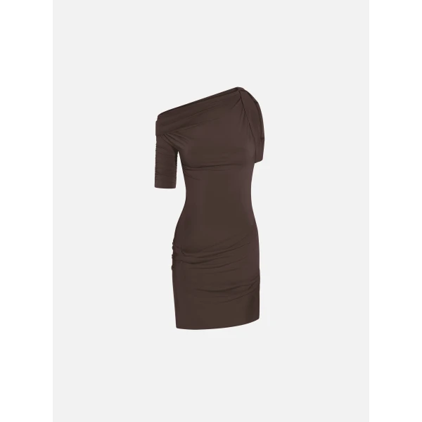 JACQUEMUS The Drapeado Mini Dress in Dark Brown, view 6